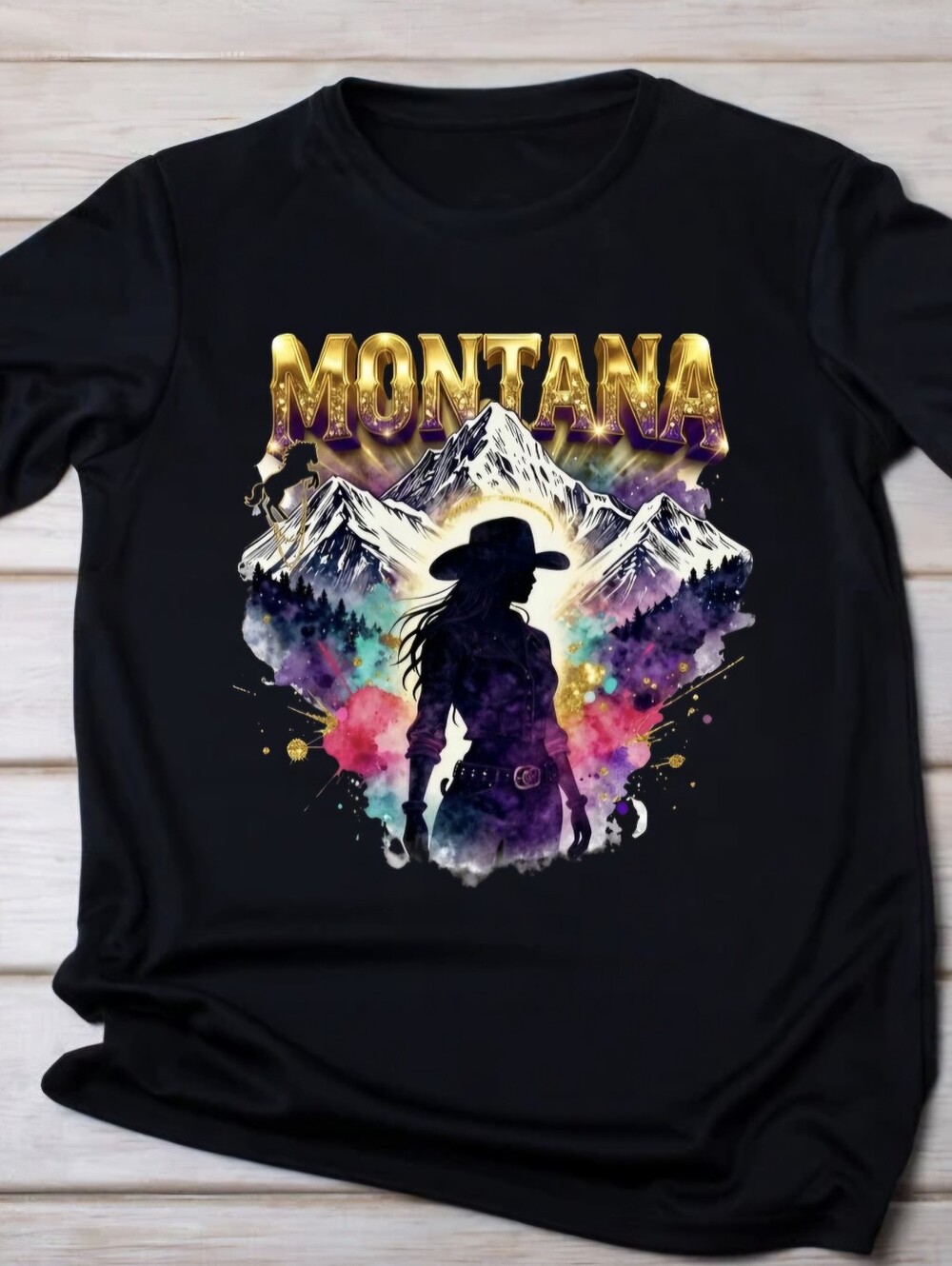 Luxury Black Montana Mountains Cowgirl Graphic Tee Sizes S M L 2X